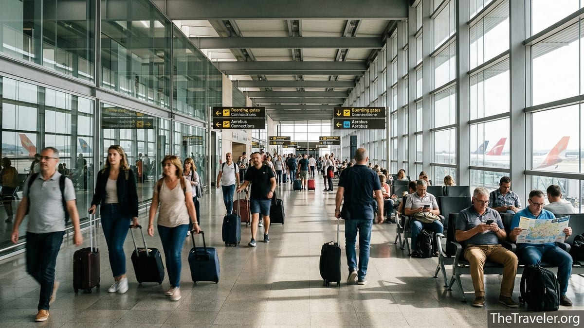Travelers walking through Barcelona El Prat Airport Terminal 1 during a layover.