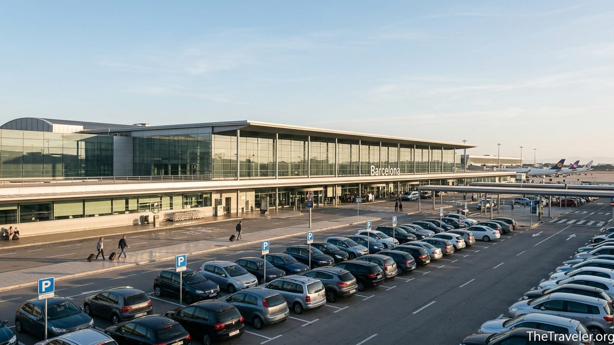 Morning view of Barcelona El Prat Airport with busy parking and terminal entrance.