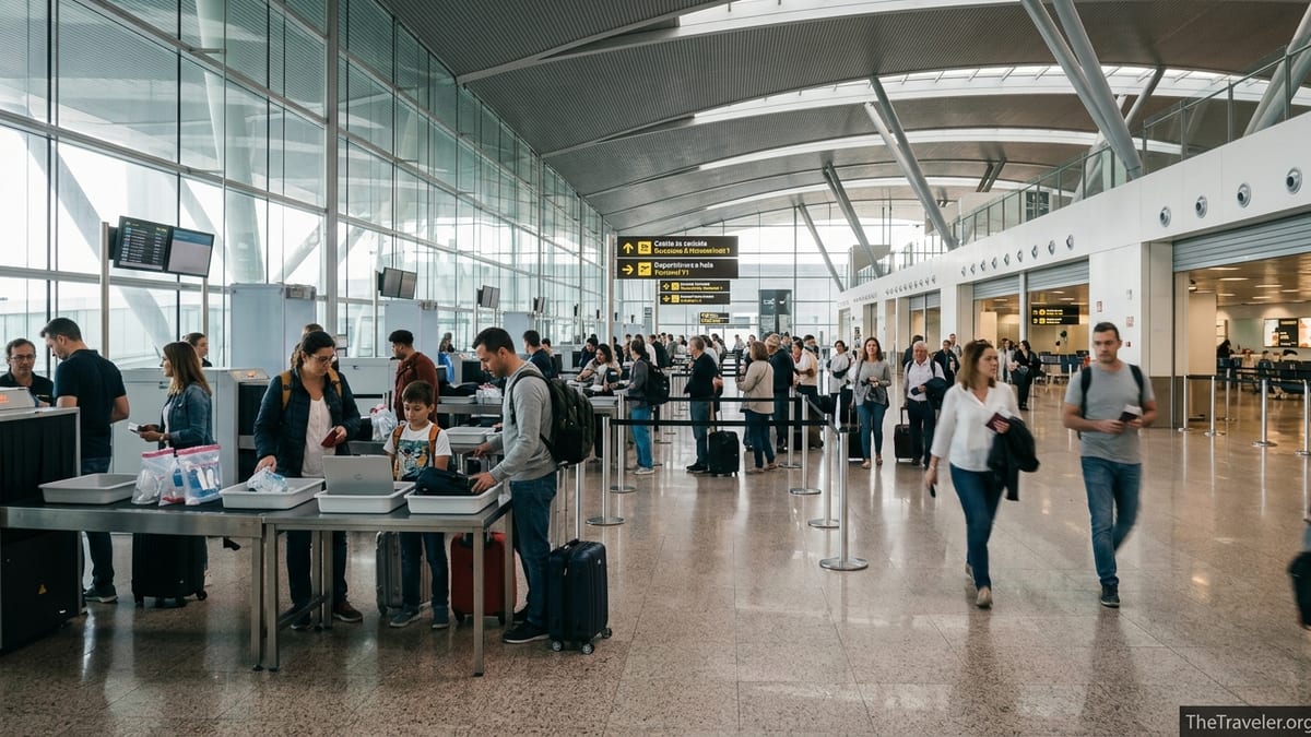 Passengers queue at Barcelona El Prat Terminal 1 security with trays and luggage.