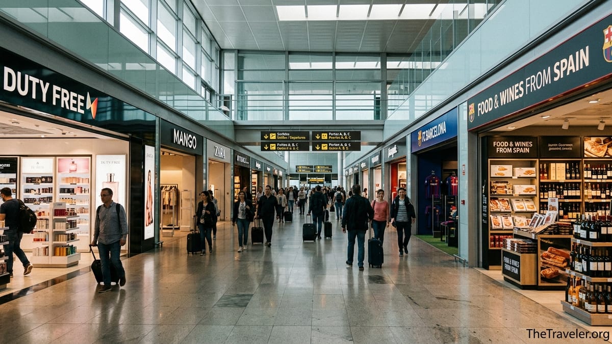 Travelers shopping in the bright central retail area of Barcelona El Prat Airport Terminal 1.