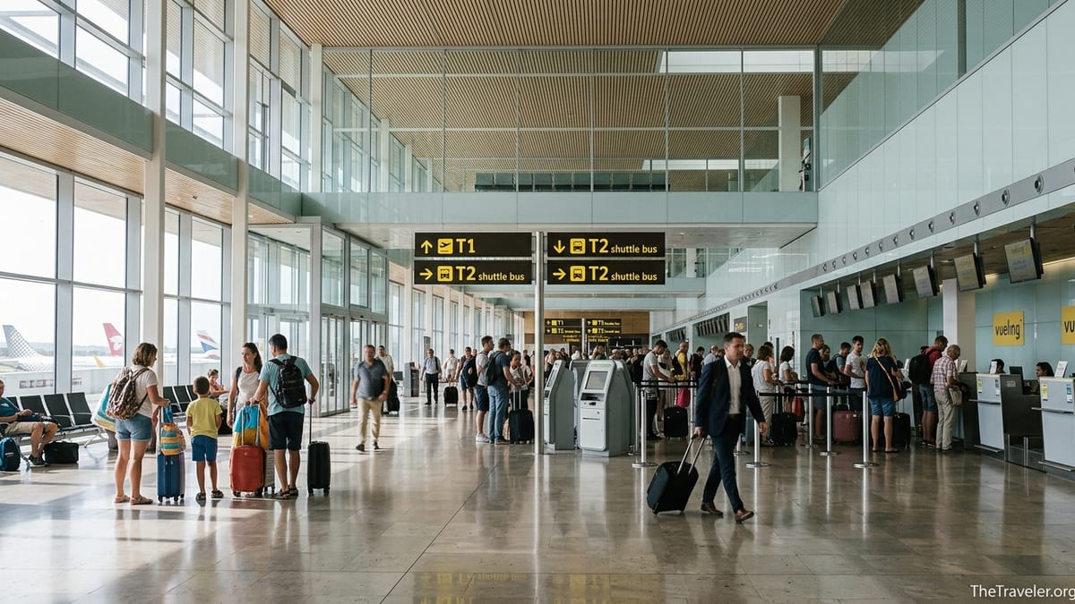 Travelers in Barcelona El Prat Terminal 1 departures hall with signs to the T2 shuttle bus.