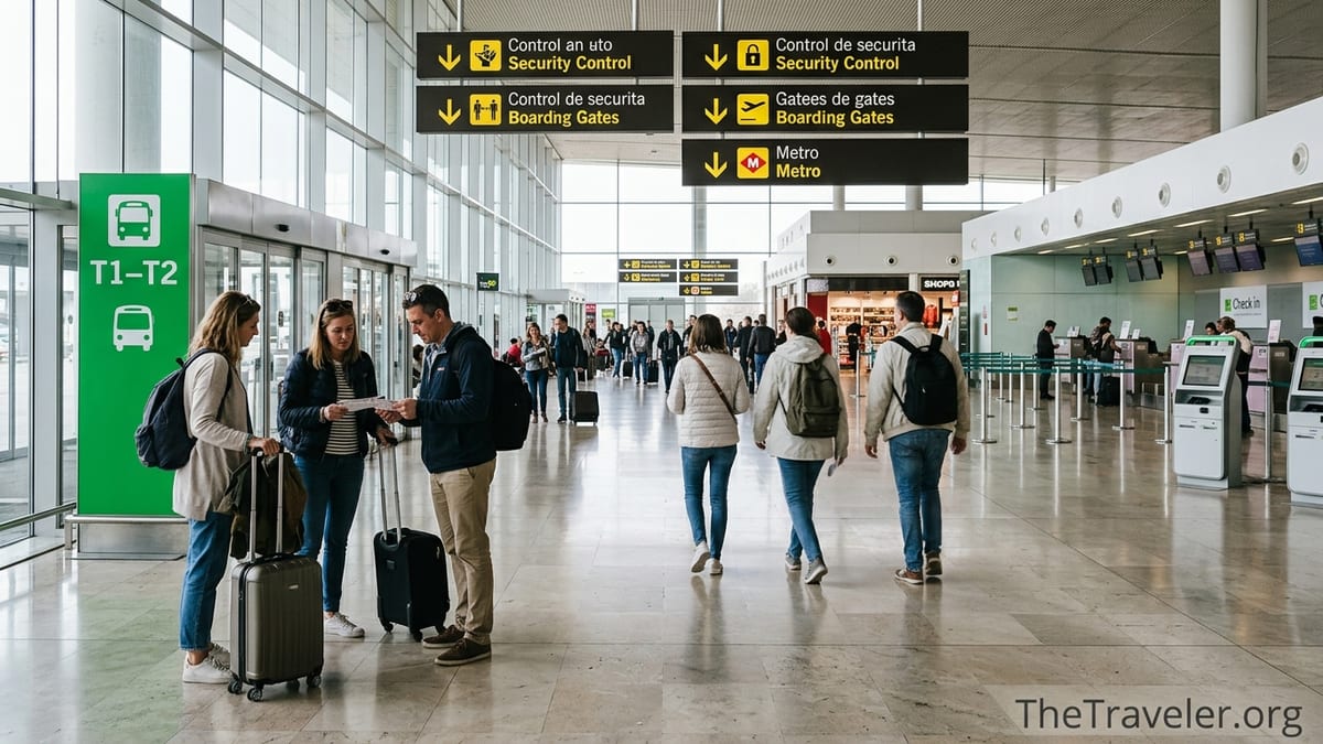 Travelers walking through Barcelona El Prat Airport Terminal 1 toward security.