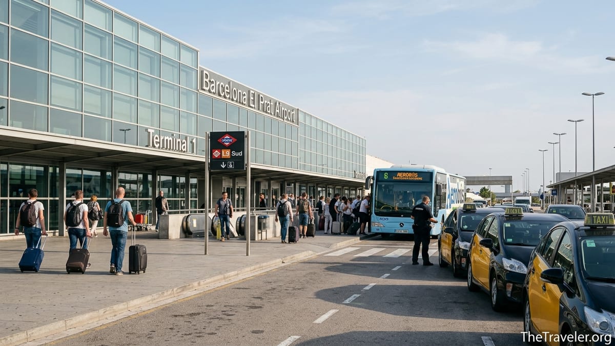 Metro entrance, Aerobús, and taxis outside Barcelona El Prat Airport Terminal 1 on a sunny day.