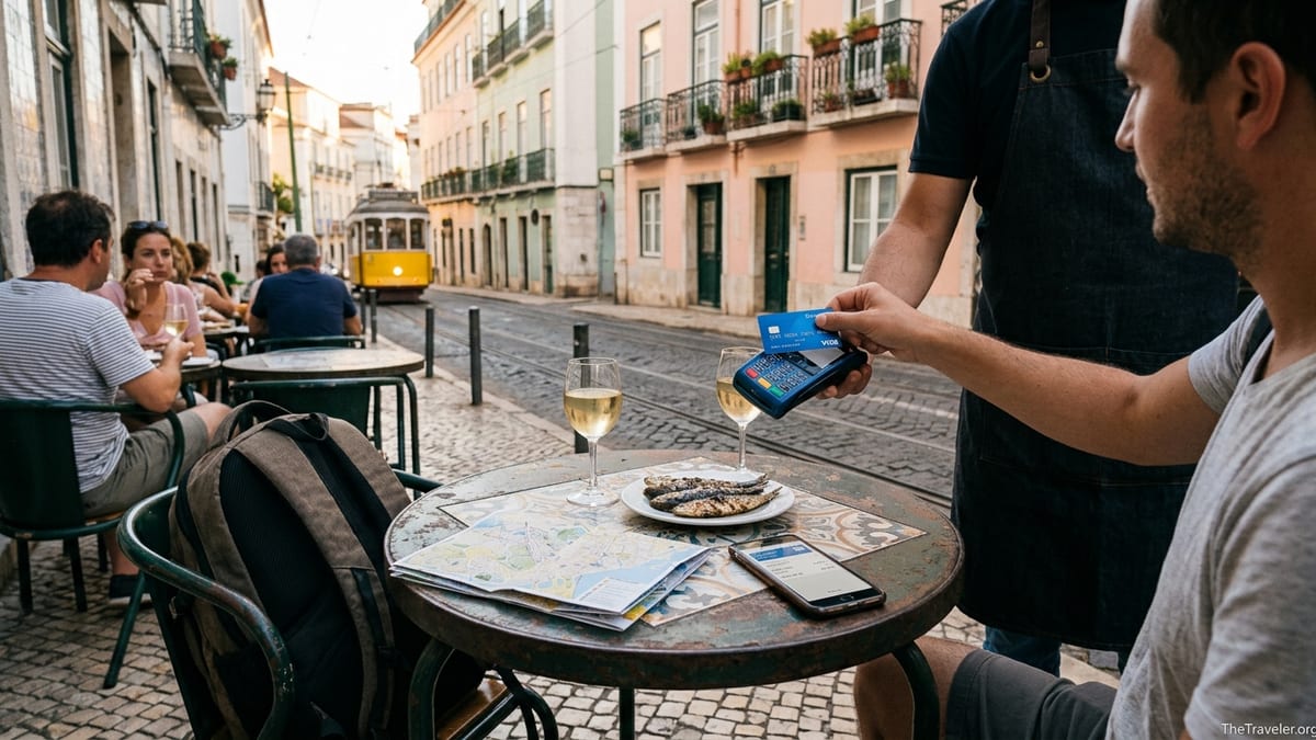 Traveler tapping a Visa card on a payment terminal at a Lisbon café terrace at sunset.