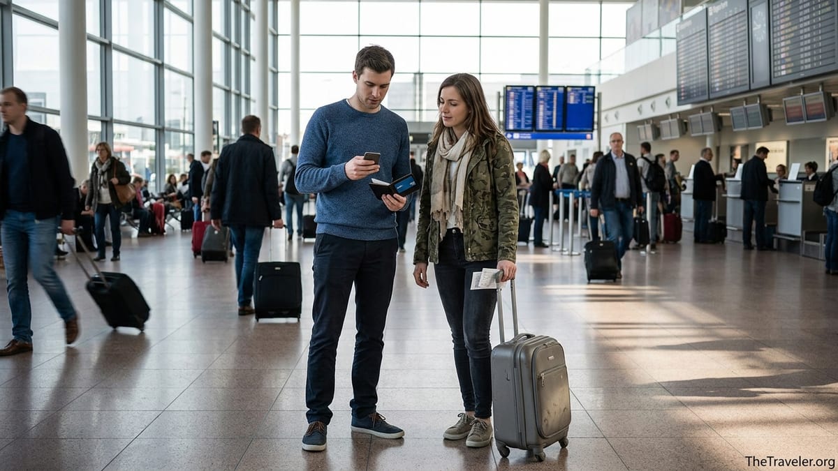 Traveler holding a blue Visa card at an airport check-in area with luggage.