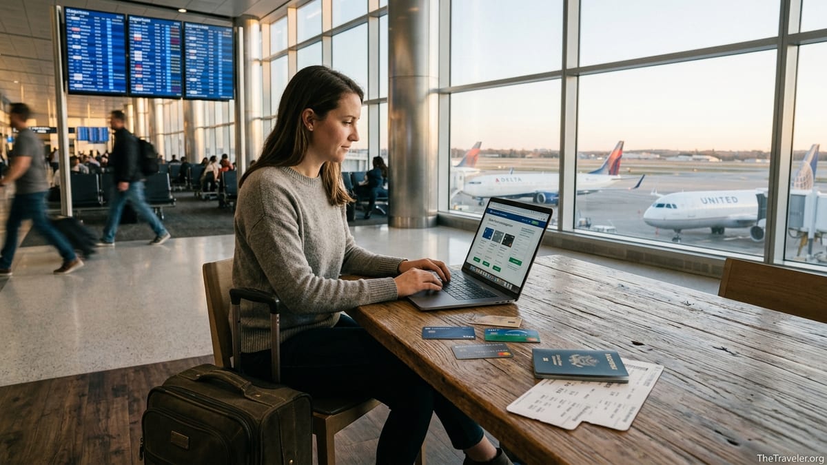 Traveler comparing credit cards on a laptop in an airport lounge before a trip.