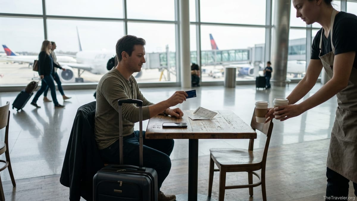 Traveler uses a Visa card to pay at an airport cafe with planes visible outside