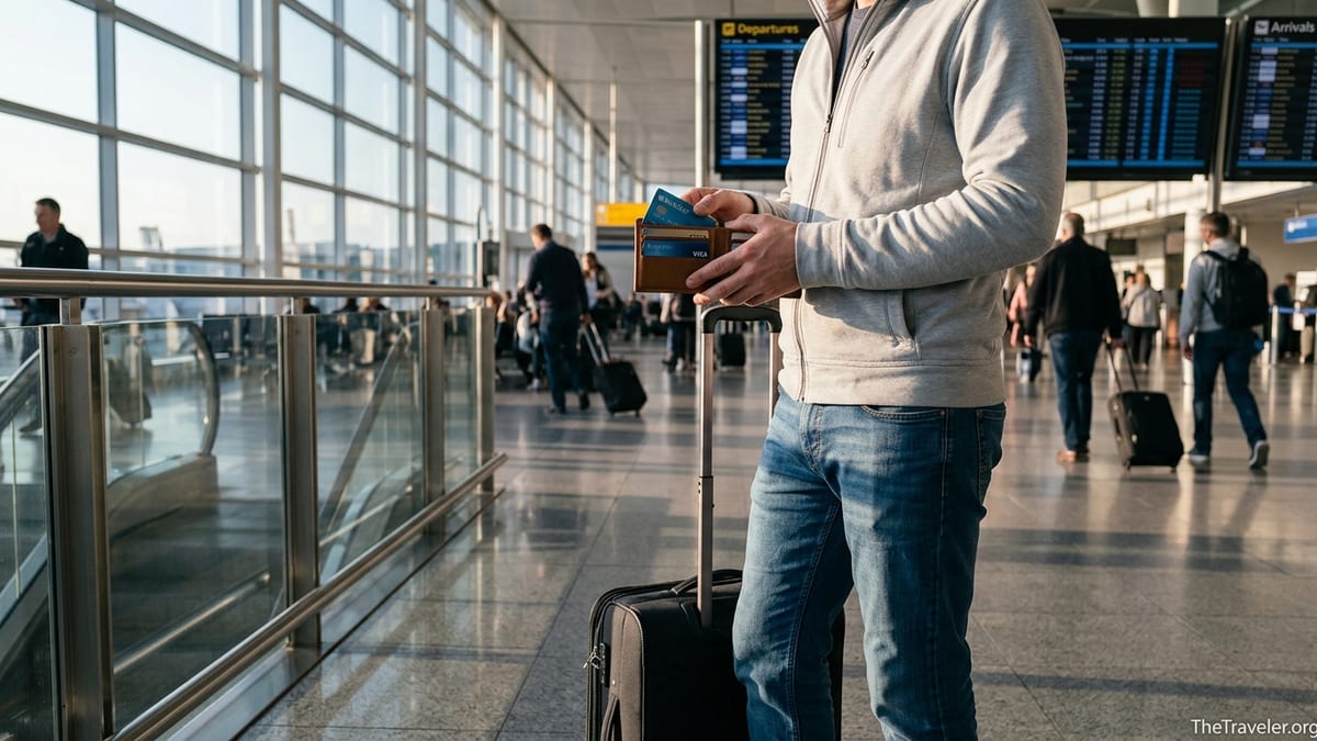 Traveler in an airport terminal holding a wallet with multiple credit cards visible.