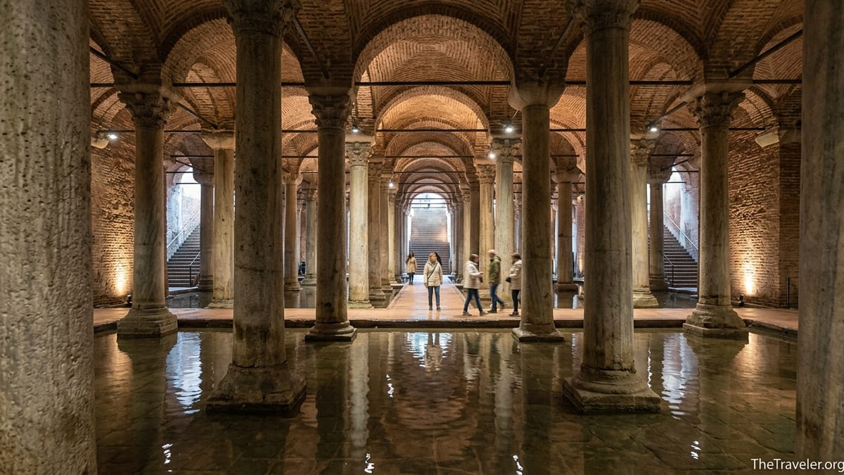 Quiet early-morning scene inside Istanbul’s Basilica Cistern with few visitors and softly lit columns reflected in water.