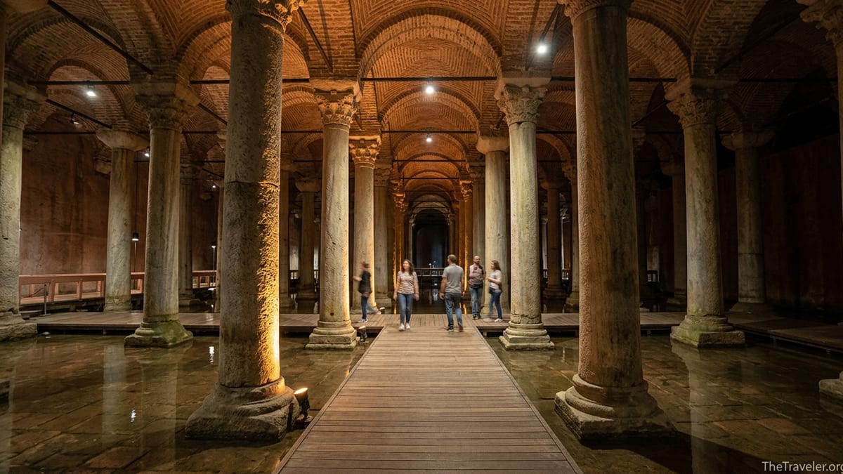 Visitors walking along the dimly lit columned interior of Istanbul’s Basilica Cistern.