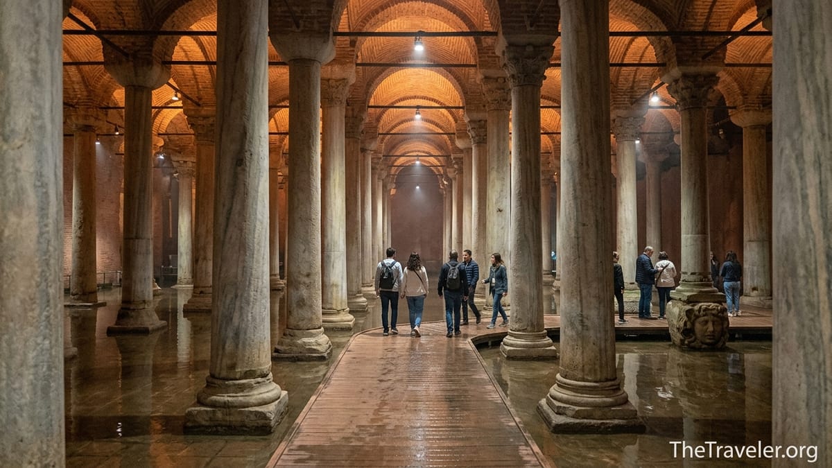Visitors walking quietly among illuminated columns inside Istanbul’s Basilica Cistern.