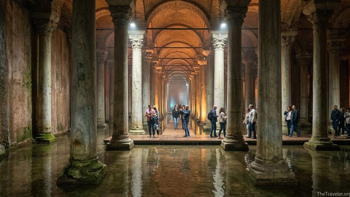 Visitors walking along the wooden walkway inside Istanbul’s Basilica Cistern, columns and water lit by warm amber lights.