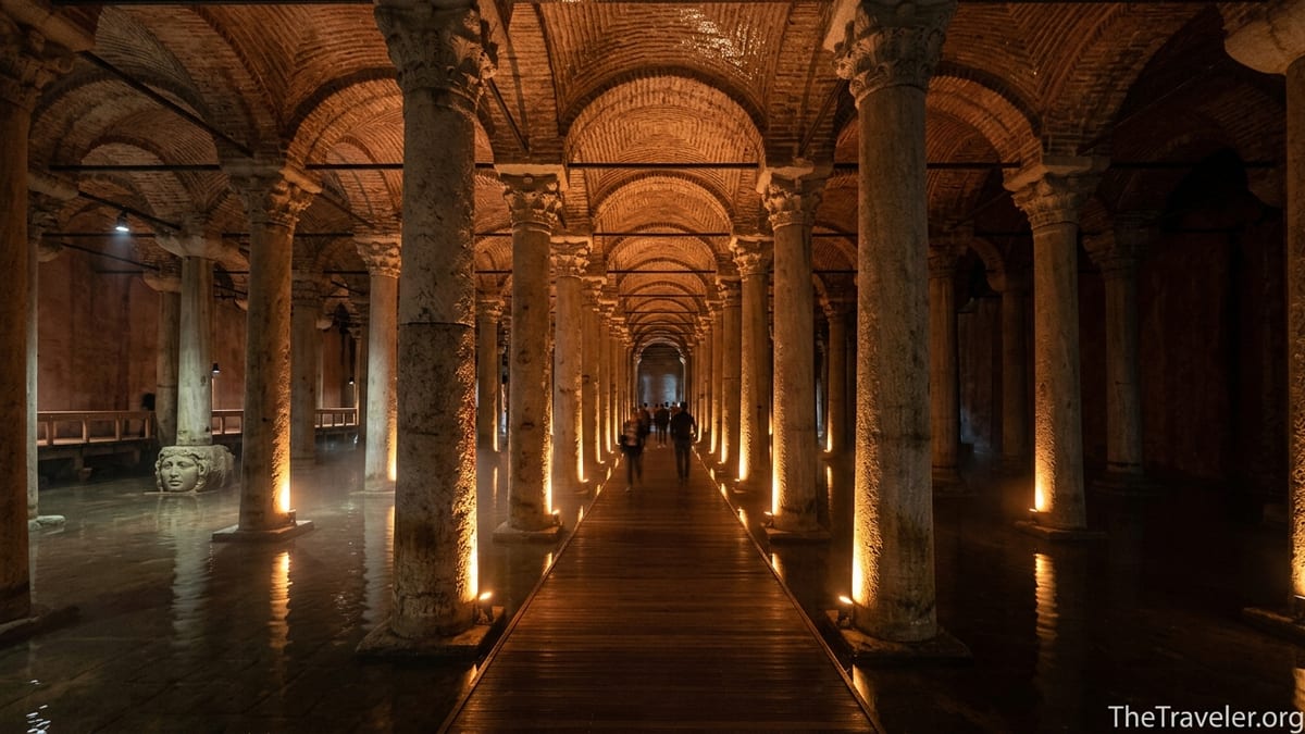 Interior of Istanbul’s Basilica Cistern with lit marble columns reflected in shallow water.