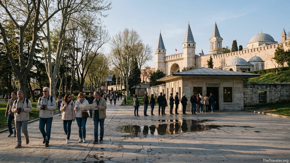 View toward Topkapı Palace above Sultanahmet with visitors near the Basilica Cistern entrance.