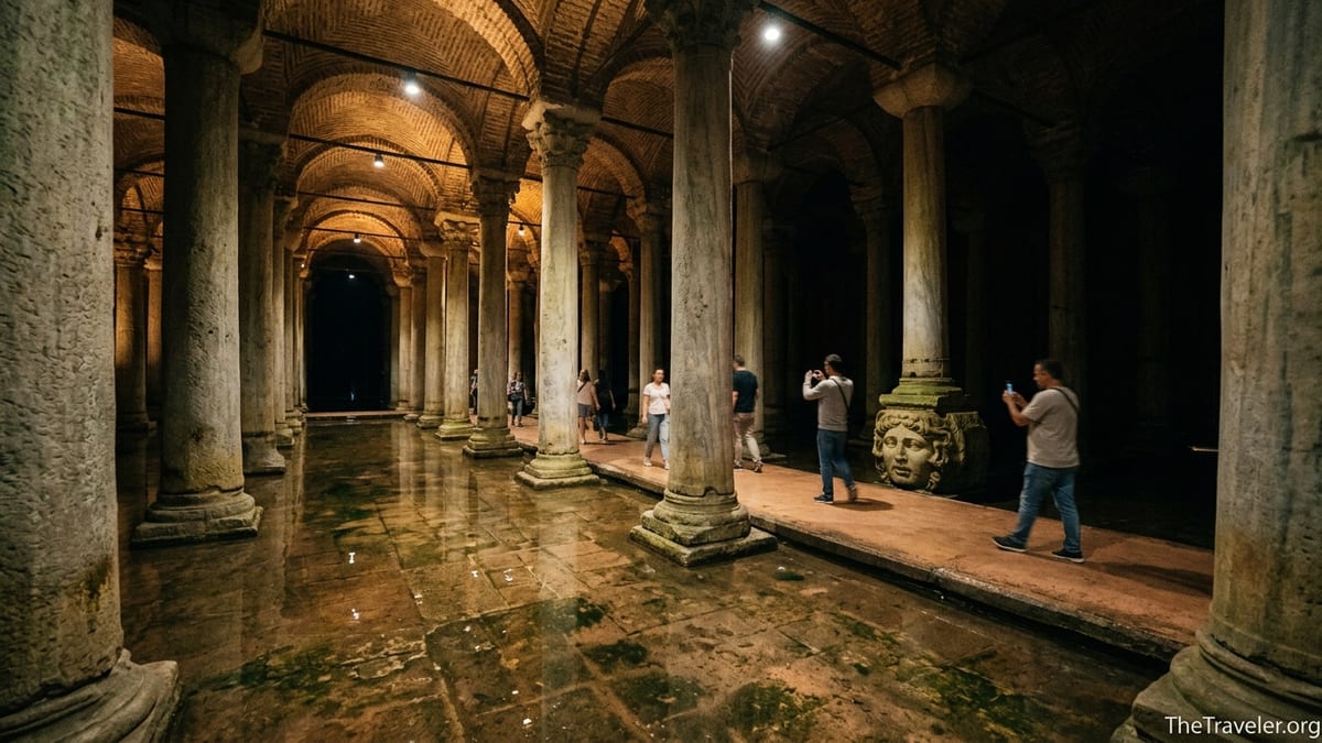 Visitors walking along the dimly lit columned halls of Istanbul’s Basilica Cistern.