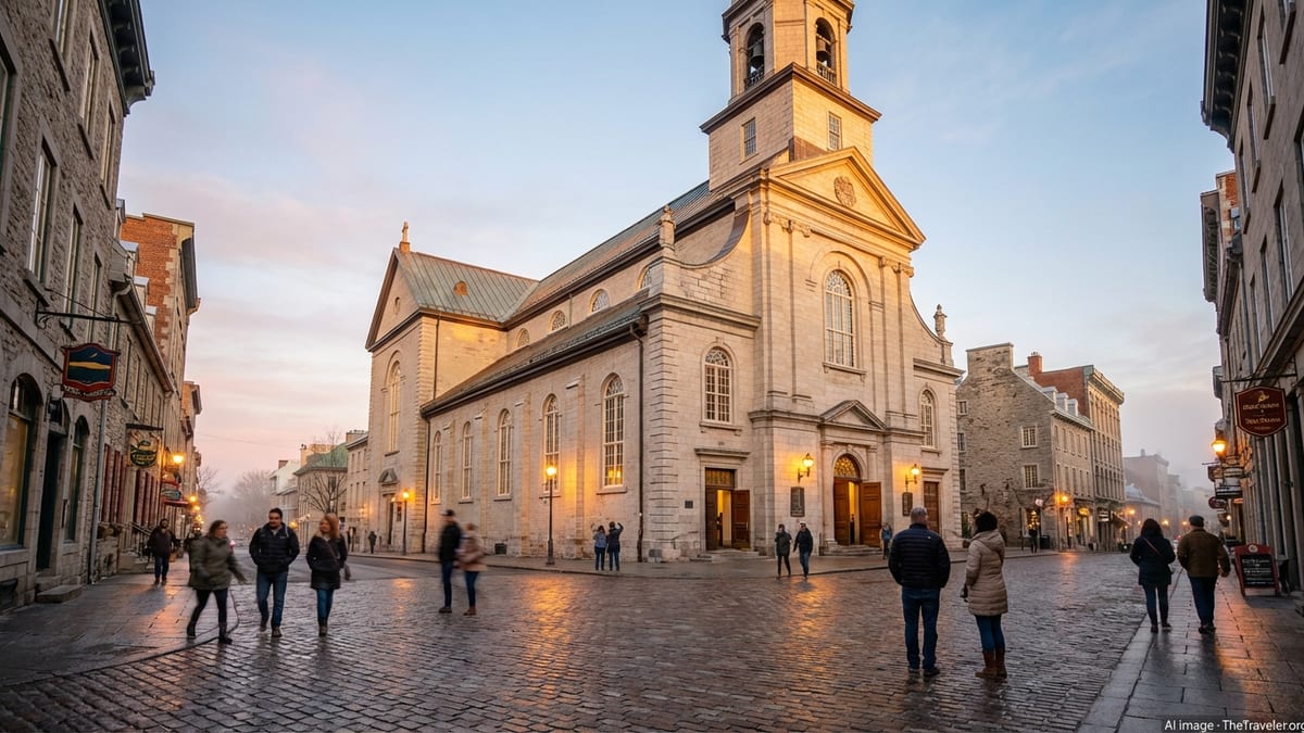 Early evening view of Basilica Notre Dame de Quebec from City Hall Square with visitors in the plaza.