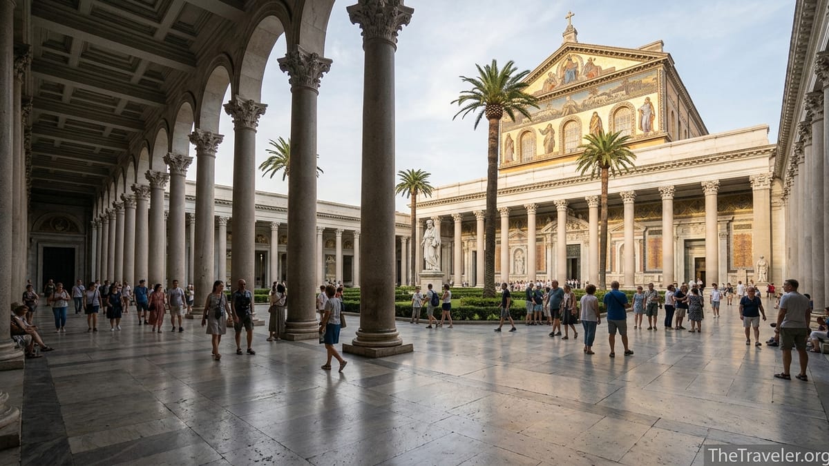 Front courtyard and façade of Basilica San Paolo fuori le Mura in Rome on a sunny afternoon.