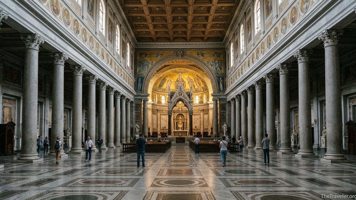 Interior of Basilica San Paolo in Rome with columns, Cosmatesque floor and golden apse mosaic.
