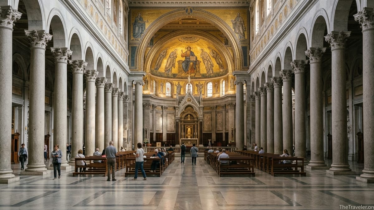 Interior of Basilica of Saint Paul Outside the Walls in Rome with columns, apse mosaic and a few quiet visitors.