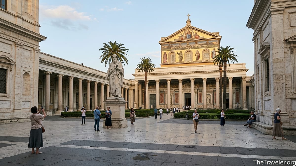 Courtyard and façade of the Basilica of Saint Paul Outside the Walls with travelers in soft afternoon light.