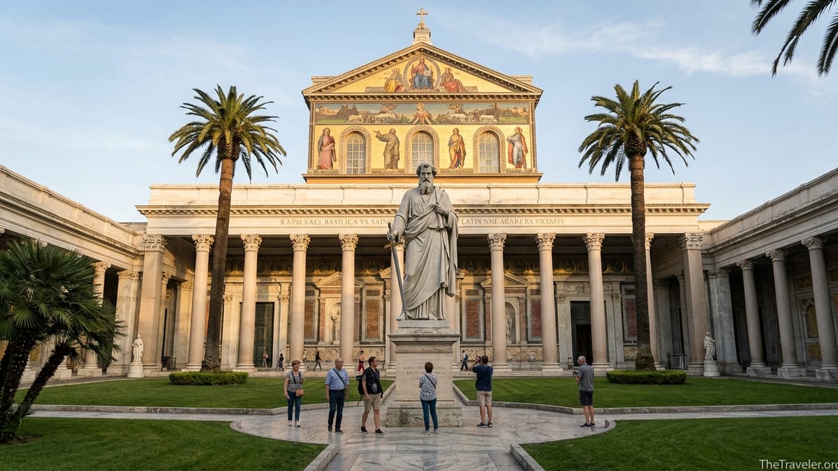 Front view of Basilica of Saint Paul Outside the Walls with statue and palm trees at sunset