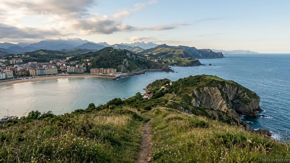 View along Northern Spain’s coast linking San Sebastián’s bay with Asturias’ rugged cliffs at sunset.