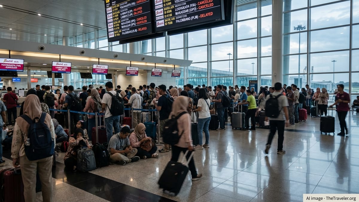 Crowded Batik Air check-in area at Jakarta airport with passengers queuing under canceled and delayed flight boards.