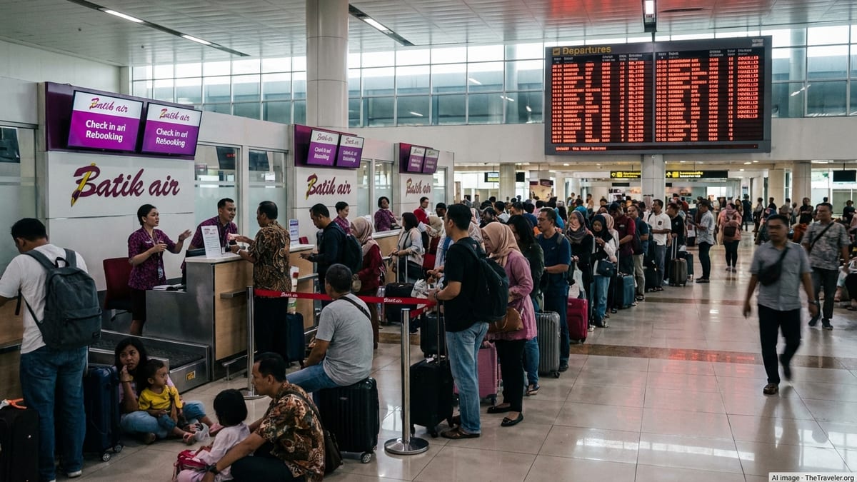Crowded Jakarta airport terminal with Batik Air passengers queuing at a service counter during widespread flight delays.