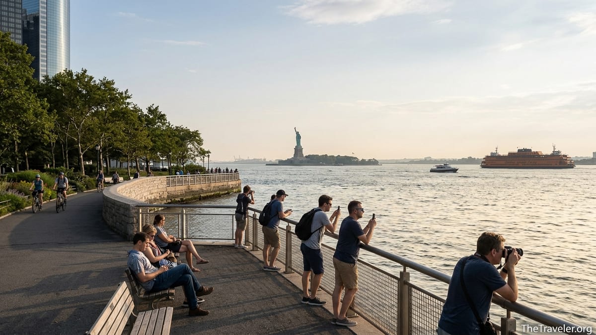 Travelers watching New York Harbor and the Statue of Liberty from Battery Park promenade at sunset.