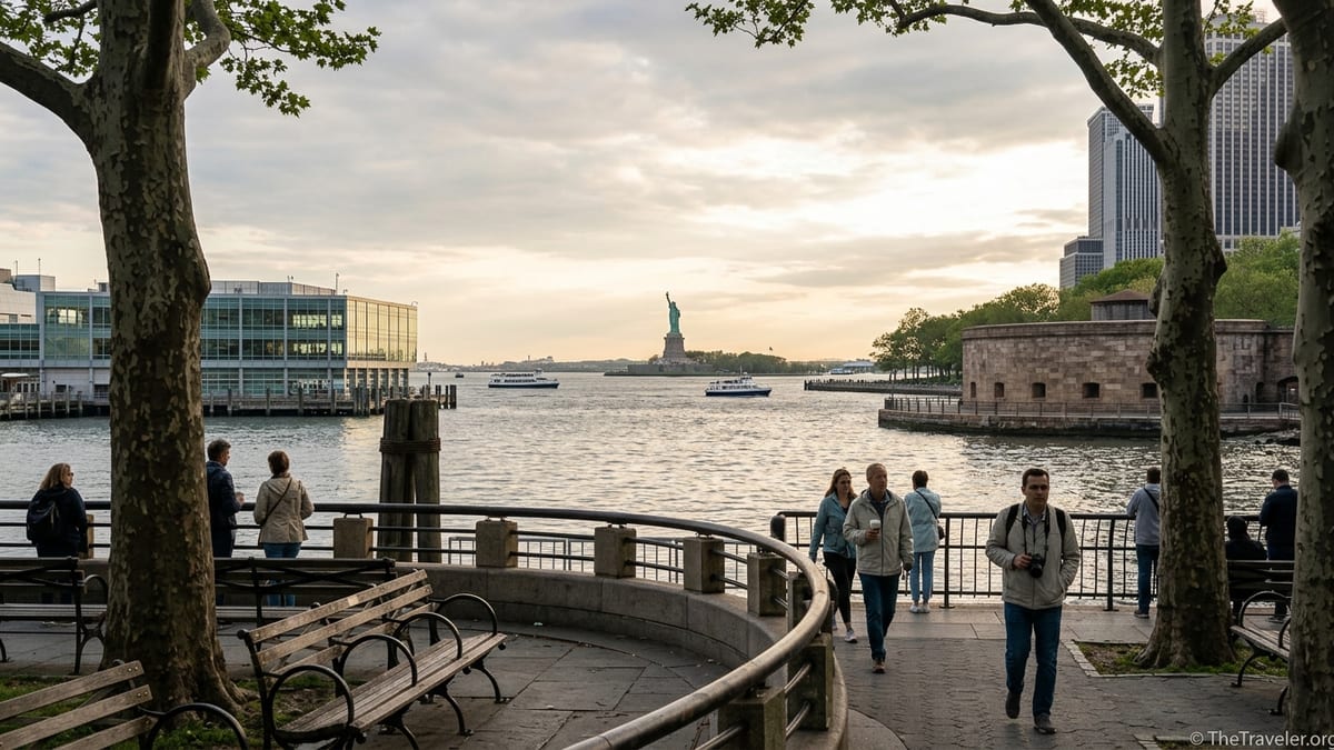 People relax along Battery Park’s waterfront promenade with ferries and New York Harbor in the background.