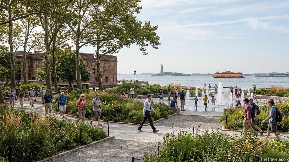 Visitors walking through gardens in Battery Park with harbor and Statue of Liberty in the background.