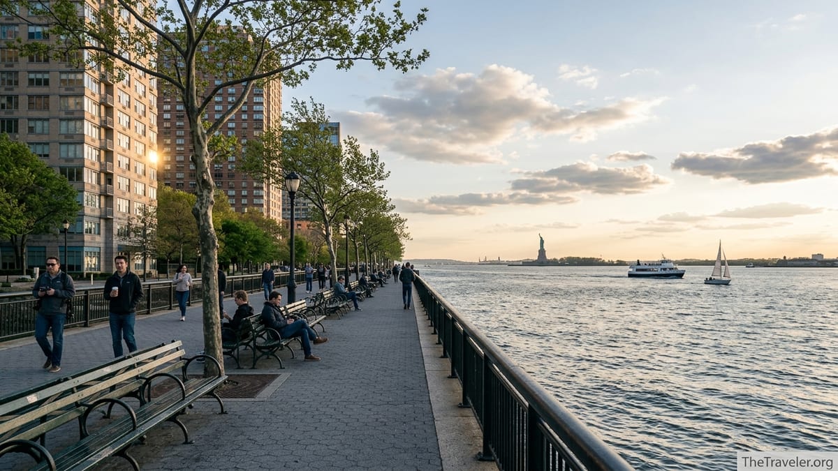 People strolling along Battery Park City Esplanade at sunset with Statue of Liberty in the distance.