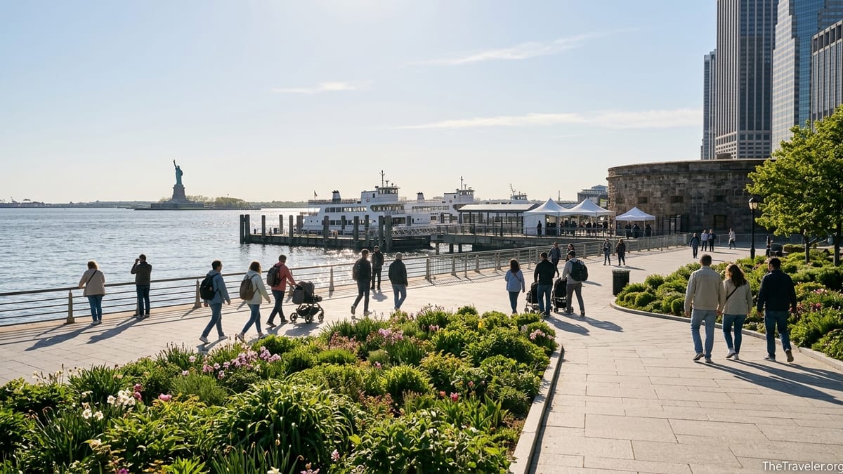 Travelers walking through Battery Park toward the Statue of Liberty ferry on a clear afternoon
