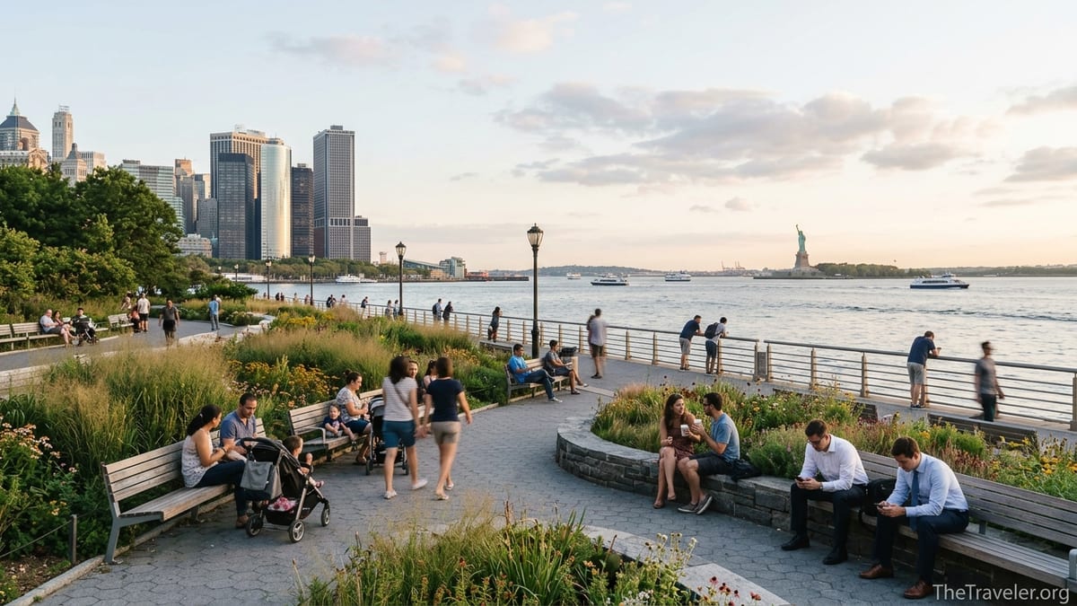 Visitors strolling through Battery Park gardens with harbor and Statue of Liberty in the distance.