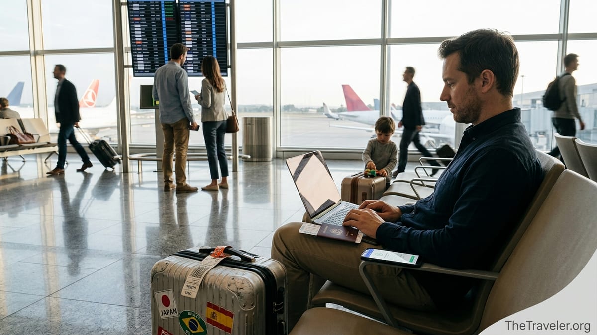 Frequent traveler with laptop and carry-on in a bright airport lounge reviewing travel insurance before departure.
