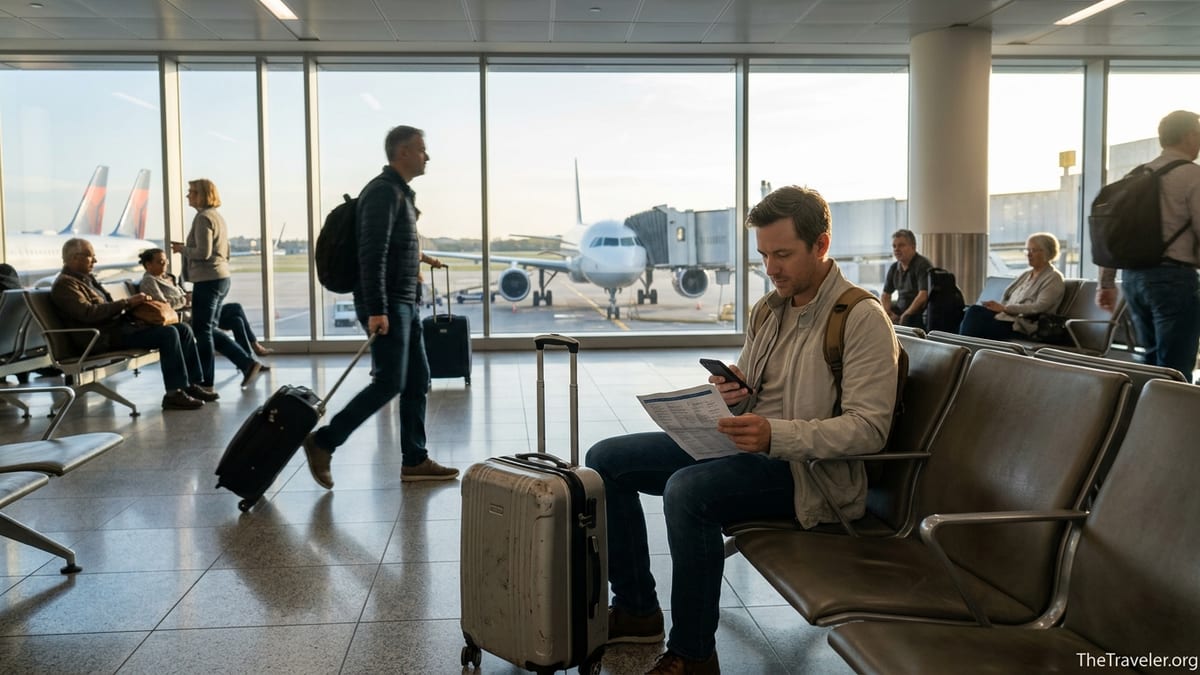 Traveler in an airport departure hall reviewing travel insurance on a phone beside a carry-on bag.