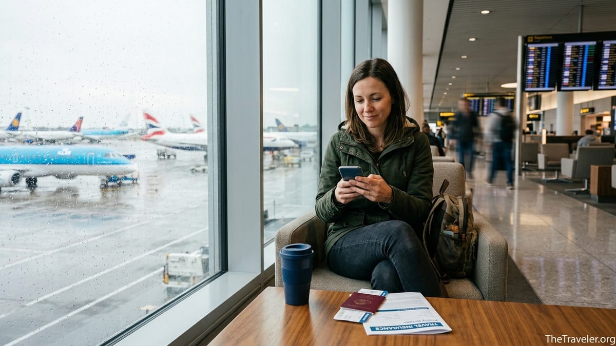 Traveler in an airport lounge reviewing travel insurance papers by a rainy runway.