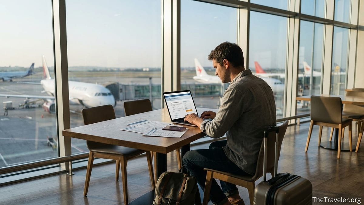 Traveler in an airport lounge reviewing travel insurance on a laptop before flying.