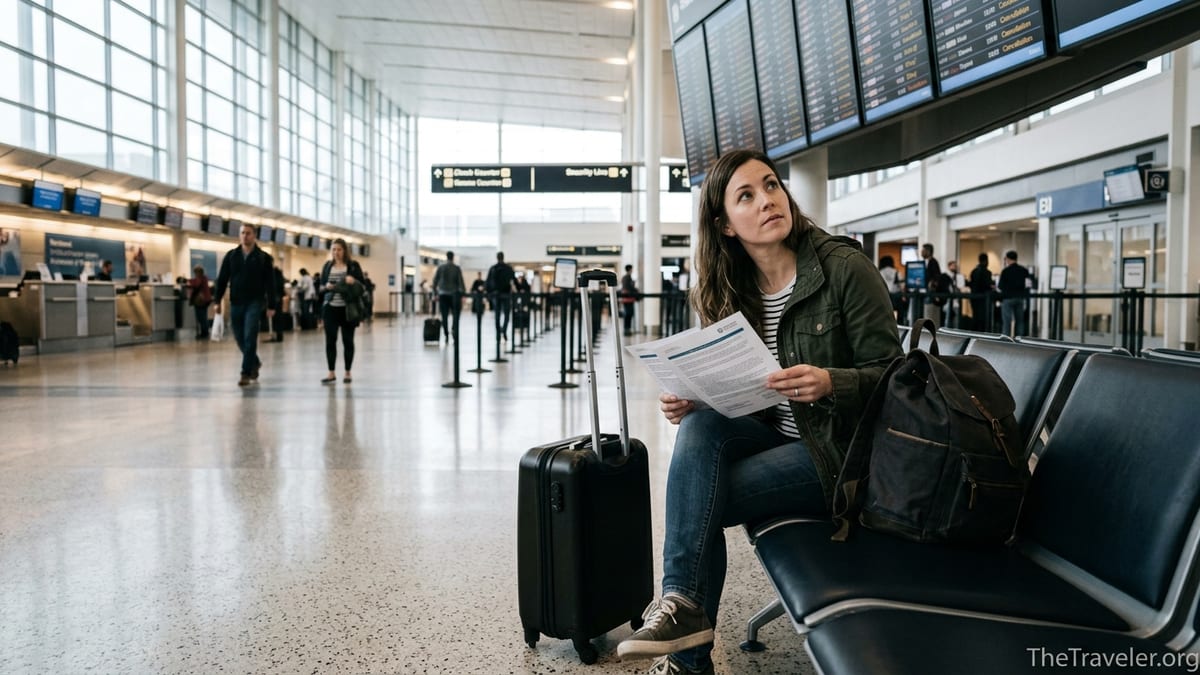 Traveler at airport reviewing travel insurance papers near departure board