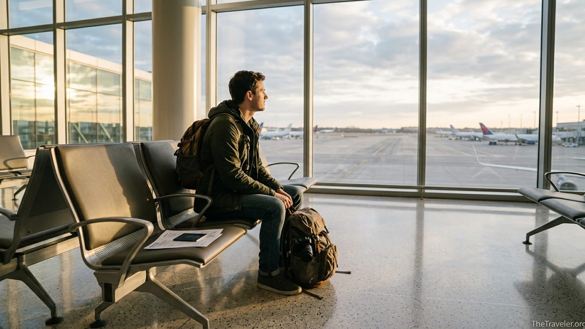Solo traveler in an airport terminal reviewing travel insurance documents at sunrise.
