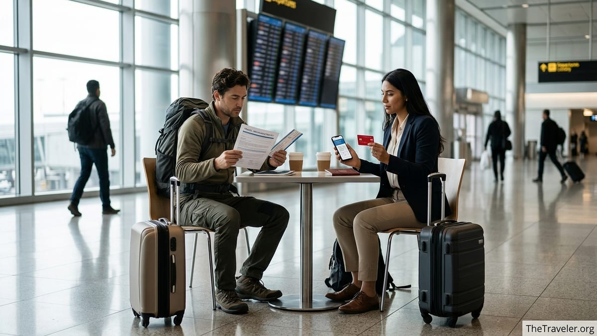 Two travelers in an airport lounge comparing travel insurance paperwork and a red payment card.