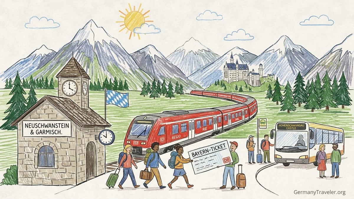 Passengers with backpacks ride a Bavarian regional train through green countryside toward the Alps.
