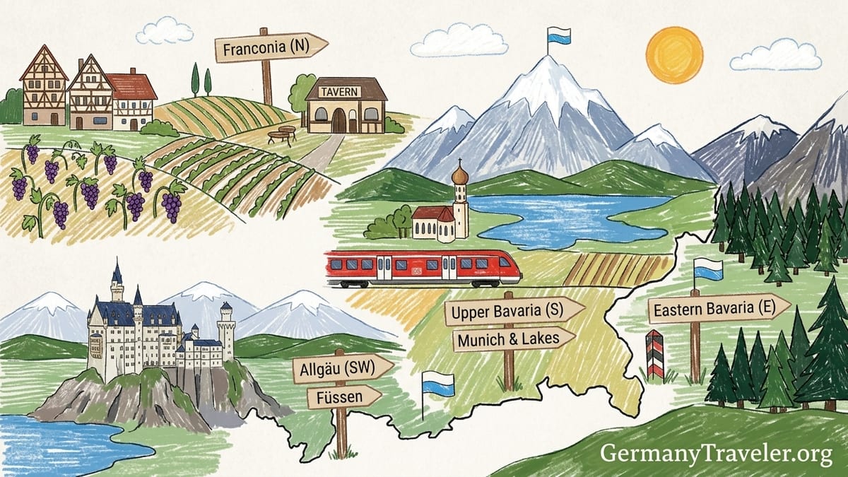 View over Garmisch-Partenkirchen toward the Zugspitze peaks with a regional train in the valley below.