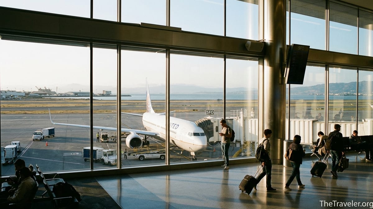 Interior view of SFO terminal with jet at gate and Bay in background at sunrise.