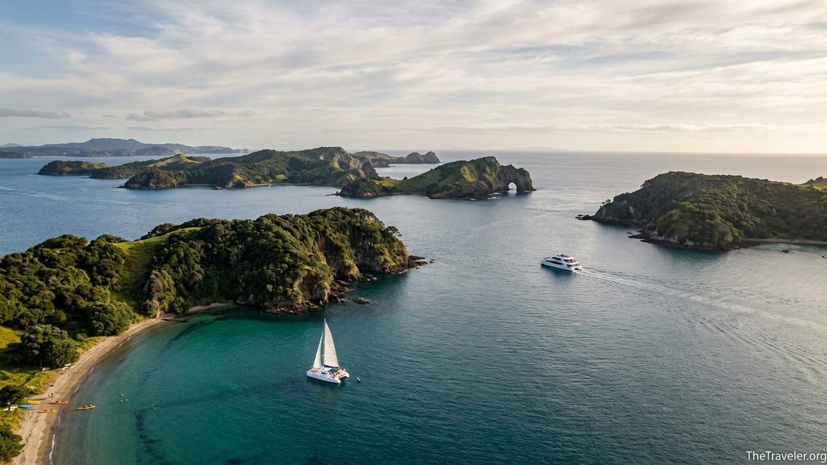 Sightseeing catamaran and sailing boat cruising among green islands in the Bay of Islands, New Zealand.