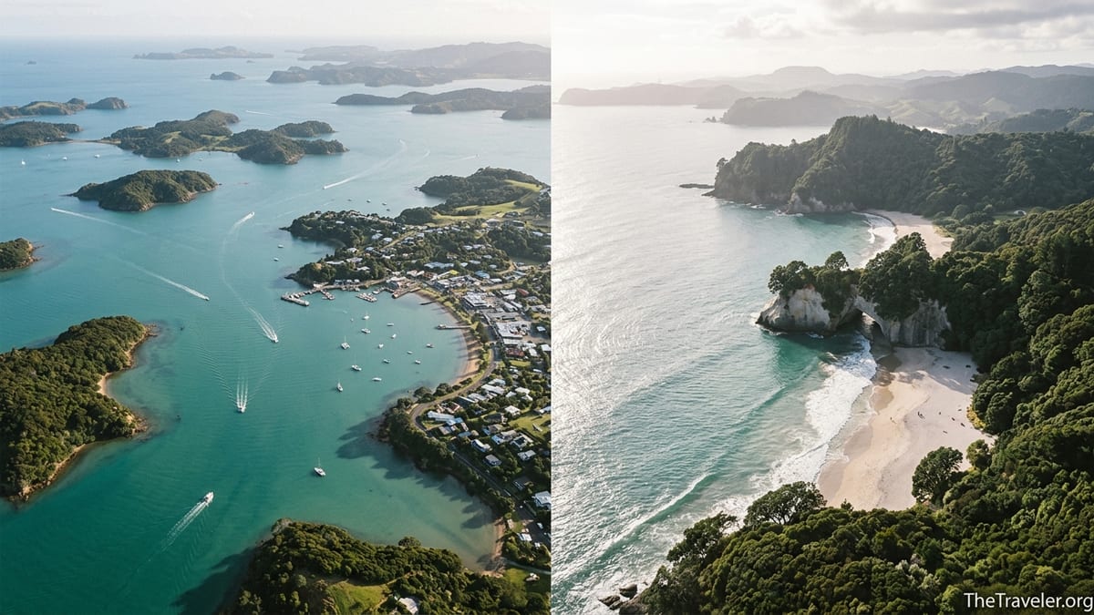 Aerial coastal view contrasting Bay of Islands’ green islets with Coromandel’s Cathedral Cove cliffs and beach.