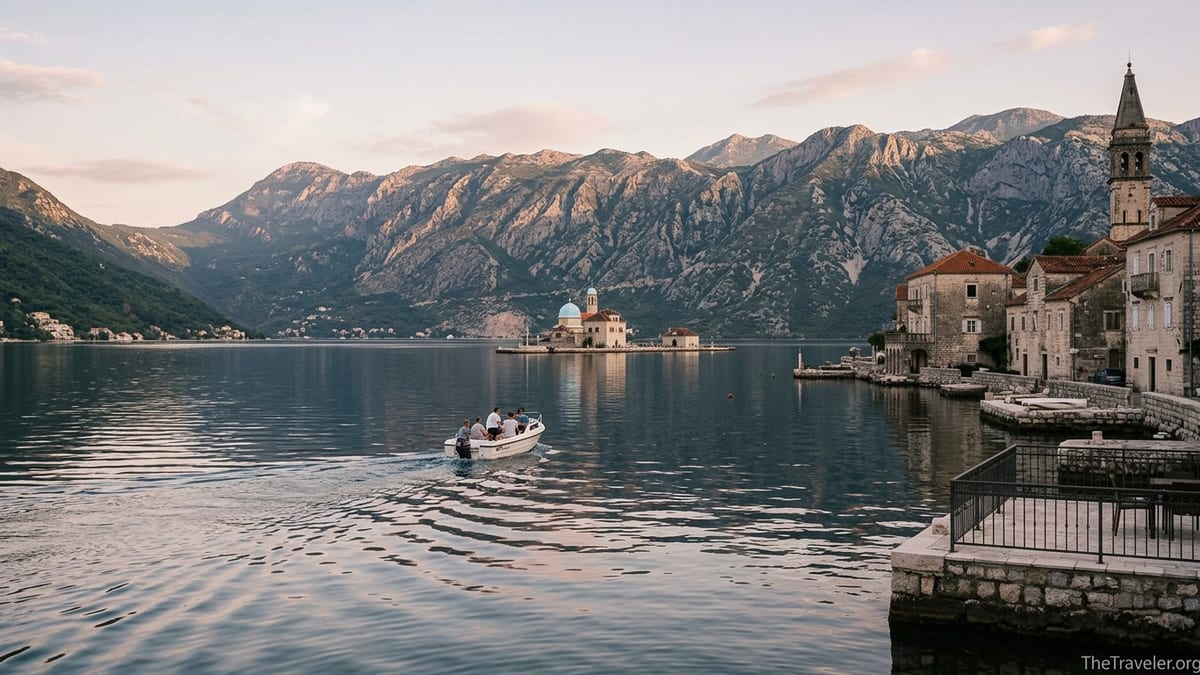 View over the Bay of Kotor from Perast with Our Lady of the Rocks and a passing boat at sunset.