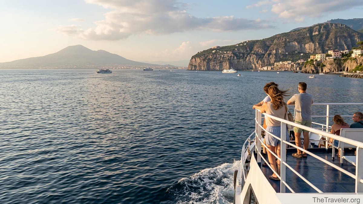 View of the Bay of Naples from a ferry with Vesuvius and Sorrento coastline at sunset.