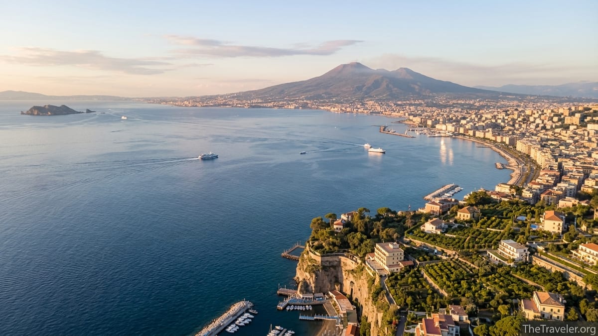Aerial view of the Bay of Naples with Vesuvius, Naples and ferries at sunset.