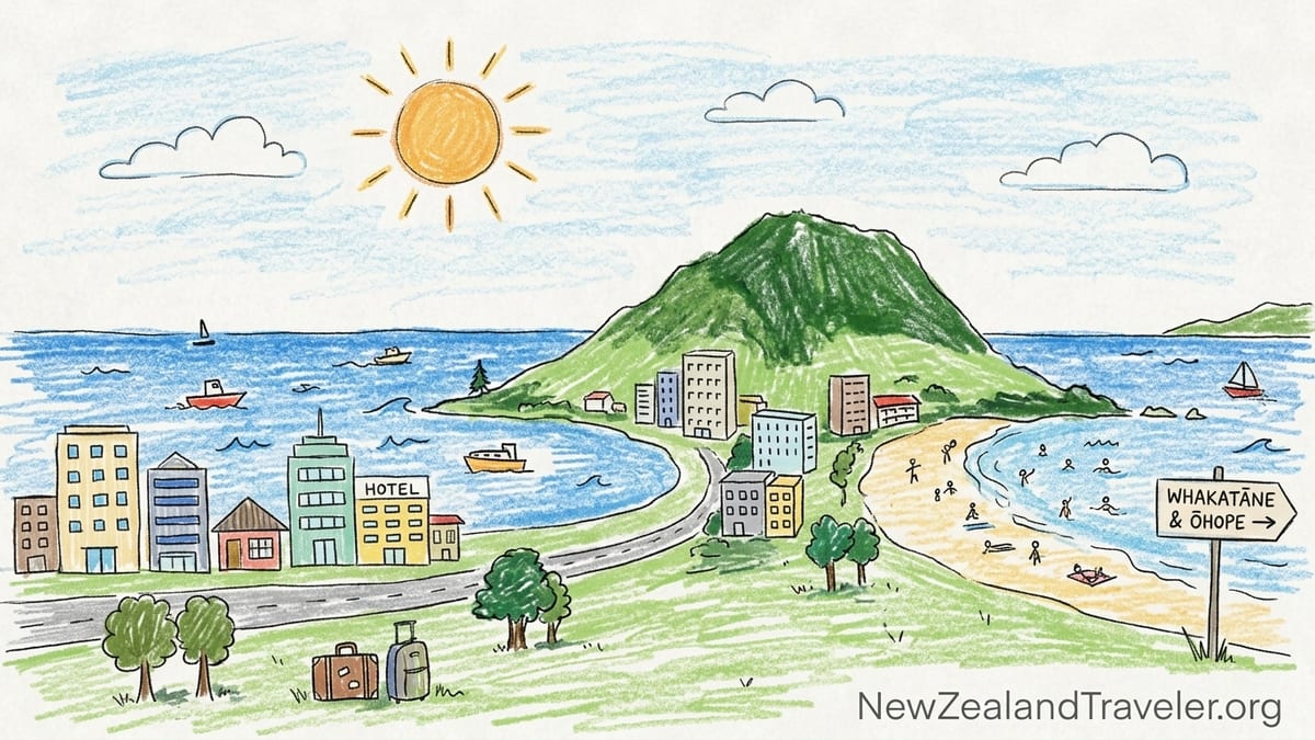 Aerial view of Mount Maunganui’s main beach lined with beachfront apartments at sunset.